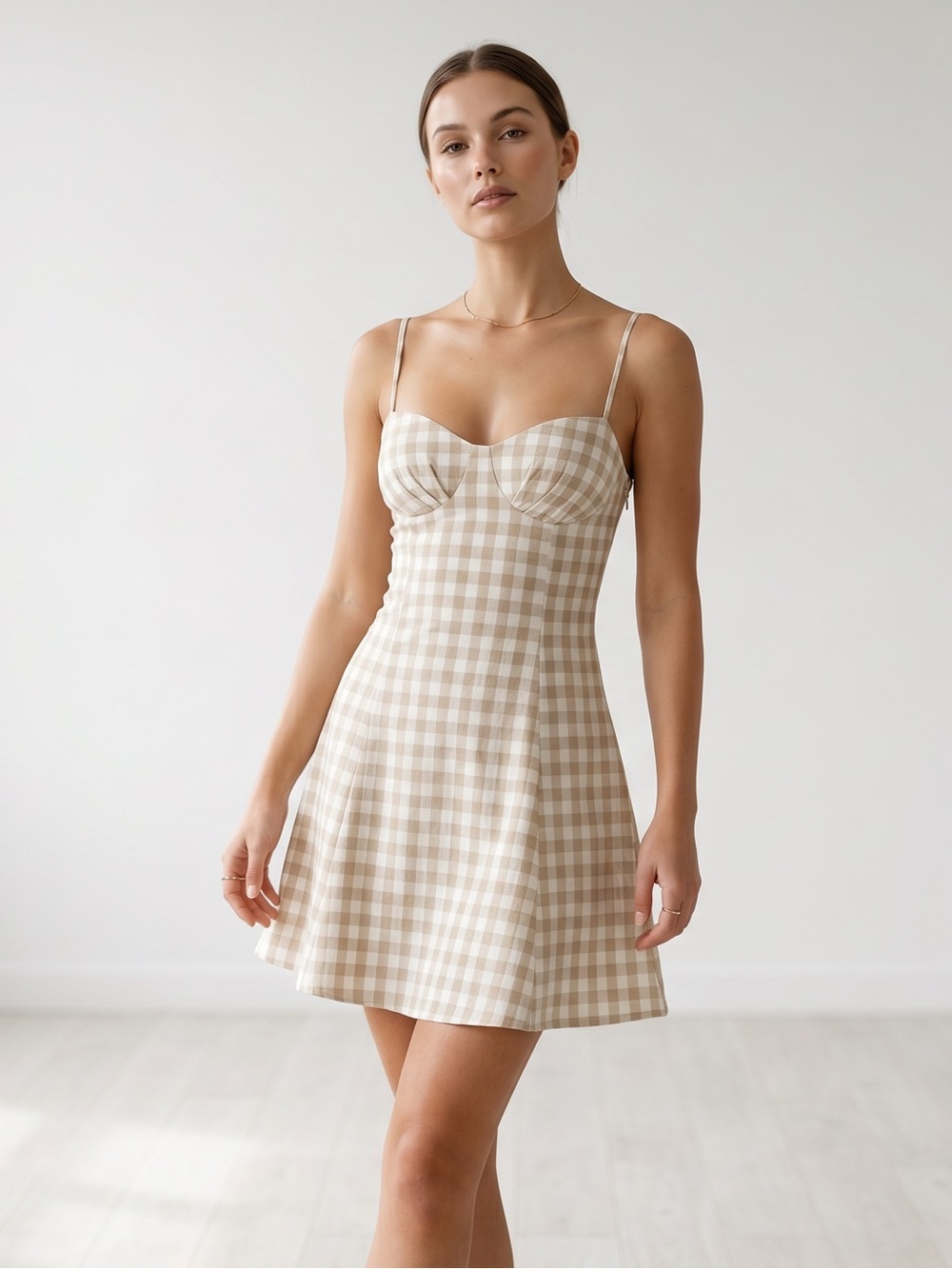 Promesa Gingham Checkered Cream & Oatmeal Mini Dress With Sweetheart Neckline